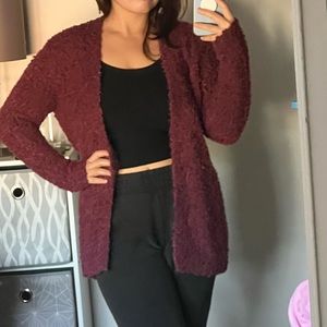 burgundy fuzzy cardigan